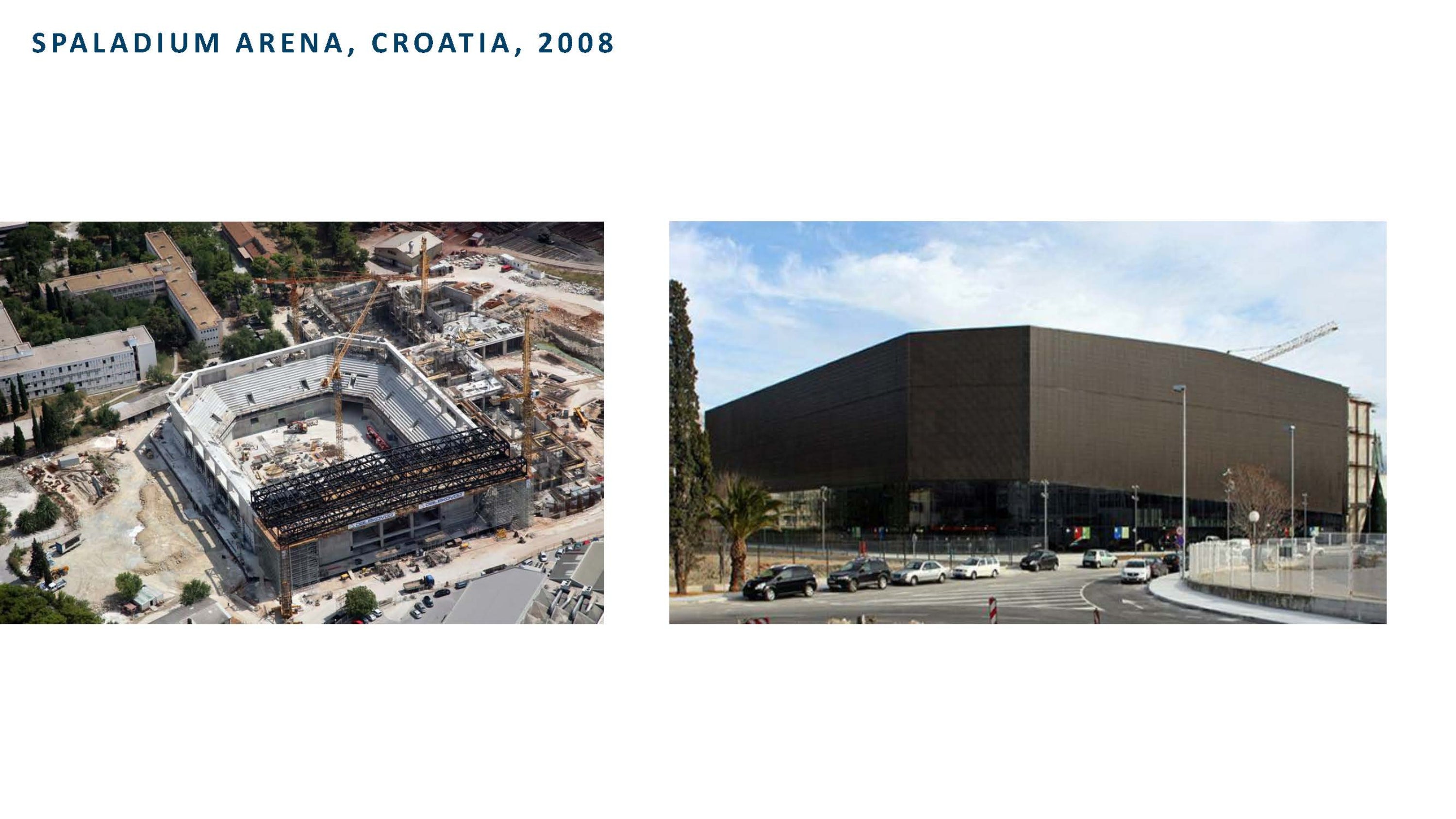 A collage showing two views of Spaladium Arena in Croatia, 2008: an aerial construction photo on the left and a modern exterior facade photo on the right, on a white background with the title text 'SPALADIUM ARENA, CROATIA, 2008' at the top.