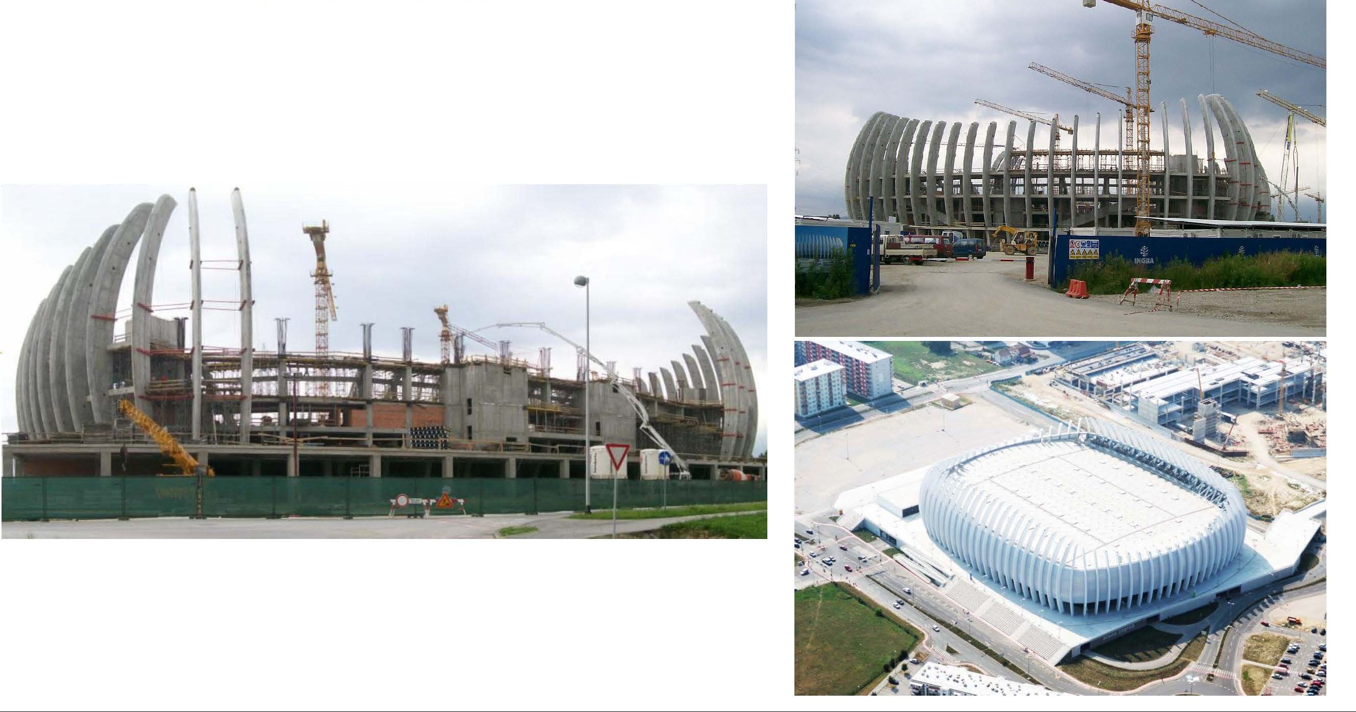 A collage showing the Zagreb Arena stadium in Croatia, with a large historical photo of the stadium under construction in 2008 on the left, a smaller construction photo on the upper right, and a modern aerial view of the completed stadium on the lower right. Text at the top reads 'ARENA ZAGREB, CROATIA, 2008'.